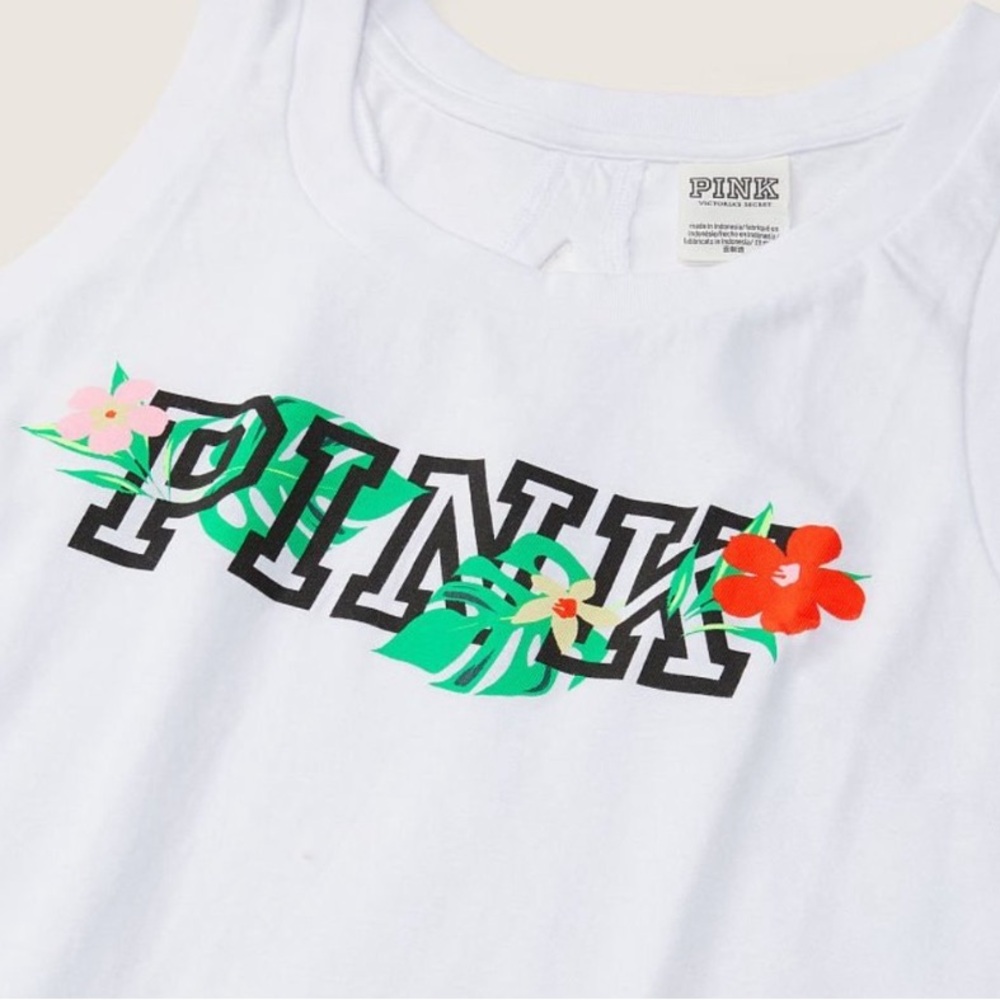 NWT Victoria’s Secret PINK Logo Tropical Graphic Racerback Cutout Tank Top - Picture 2 of 5
